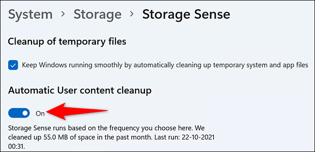 Habilite "Limpeza automática do conteúdo do usuário" na página "Sensor de armazenamento".