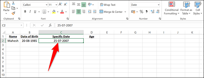 Uma data específica na célula C2 do Excel.