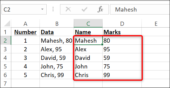 Dados de uma única célula divididos em várias células no Excel.