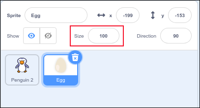 Ajuste o tamanho para o sprite de ovo destacado na janela de sprite