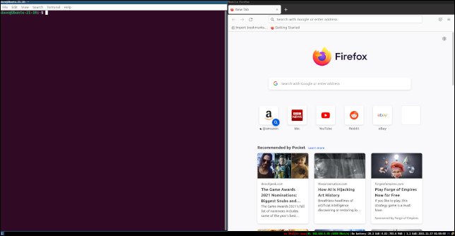 Firefox e uma janela de terminal com divisão horizontal