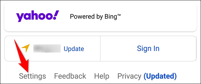 Toque em "Configurações" na parte inferior dos resultados de pesquisa do Yahoo.