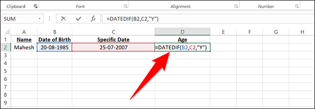 Digite = DATEDIF (B2, C2, "Y") na célula D2 do Excel.