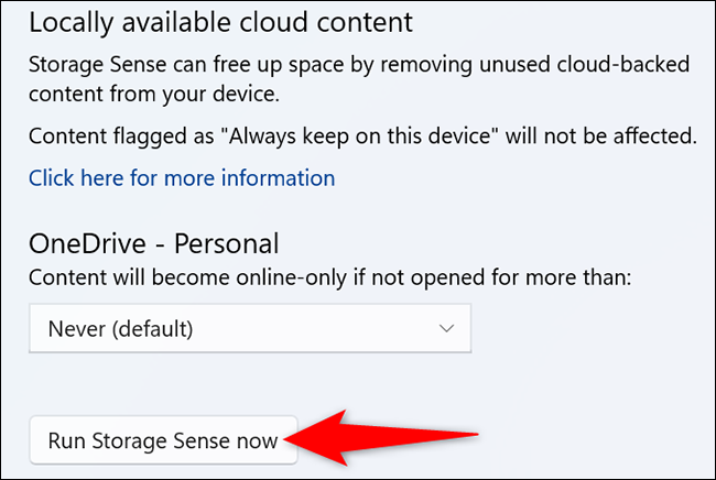 Clique em “Run Storage Sense Now” na página “Storage Sense”.