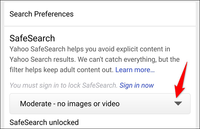 Toque no menu suspenso "SafeSearch".