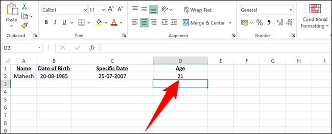Idade em uma data específica na célula D2 do Excel.