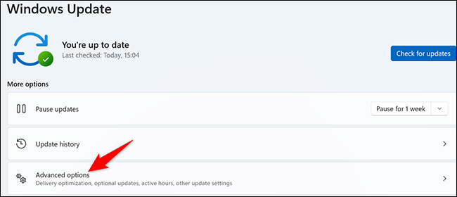 Selecione "Opções avançadas" na página "Windows Update".