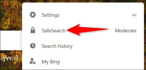 Selecione "SafeSearch" no menu Bing.