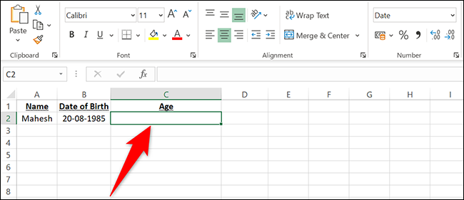 Clique na célula C2 na planilha do Excel.