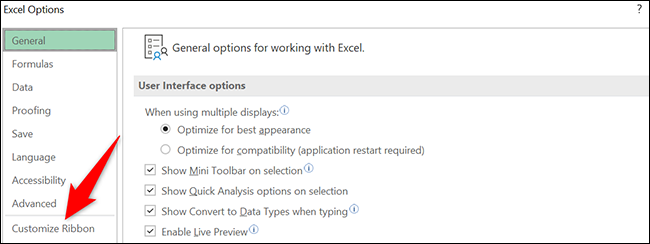 Clique em "Personalizar Faixa de Opções" na janela "Opções do Excel".