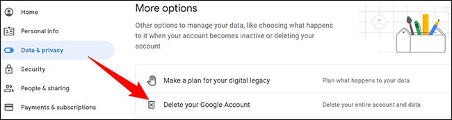 Clique em "Excluir sua conta do Google" na página "Dados e privacidade".