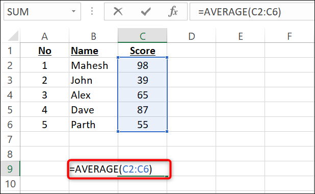Insira a função AVERAGE na célula C9 do Excel.