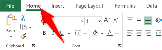 Clique na guia "Home" no Excel.