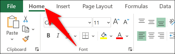 Clique na guia "Home" no Excel.