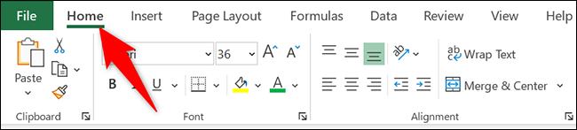 Clique na guia "Home" no Excel.