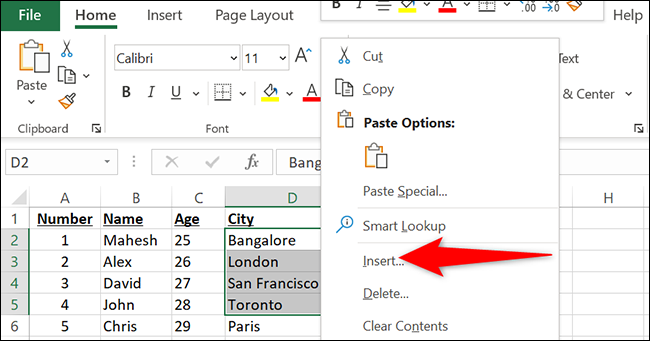 Clique com o botão direito em uma linha selecionada e escolha "Inserir" no menu do Excel.