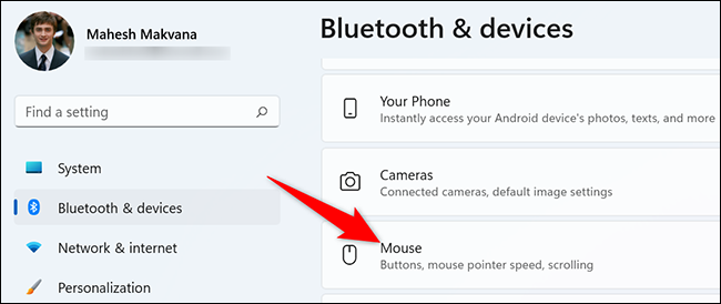 Clique em "Mouse" na página "Bluetooth e dispositivos".