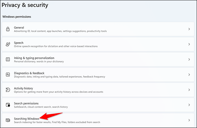 Clique em "Searching Windows" na página "Privacy & Security".