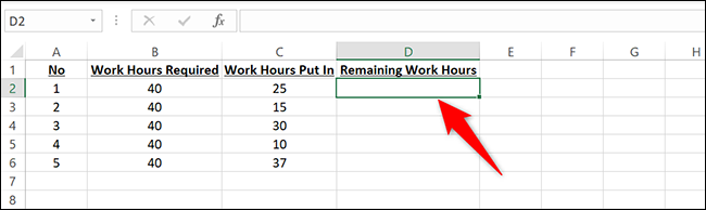 Clique na célula D2 no Excel.