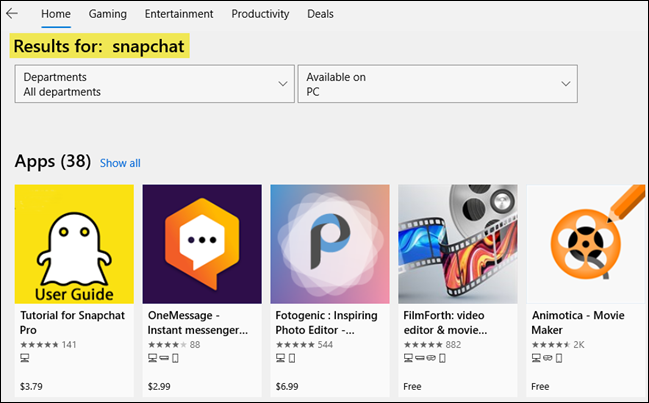 Snapchat na Microsoft Store