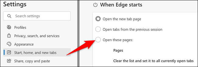Habilite "Abrir estas páginas" na seção "Quando o Edge inicia".