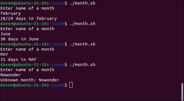 Executando o script month.sh com diferentes entradas de caso