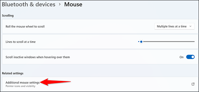 Selecione "Configurações adicionais do mouse" na página "Mouse".