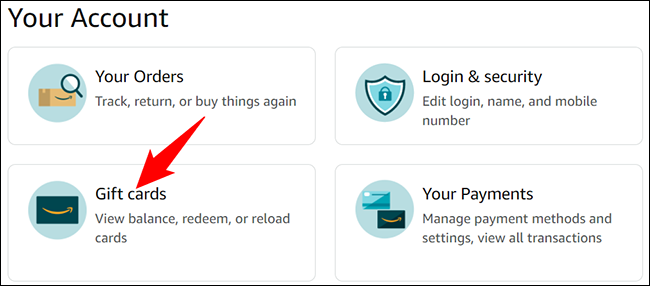 Selecione "Cartões-presente" na página "Sua conta".