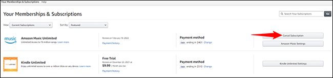 Clique em “Cancelar assinatura” ao lado de “Amazon Music Unlimited”.