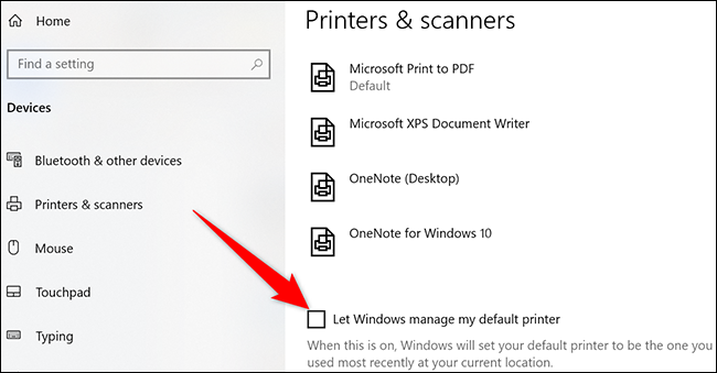 Desative "Permitir que o Windows gerencie minha impressora padrão" na página "Impressoras e Scanners".