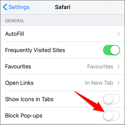 Desative "Bloquear pop-ups" na página "Safari".