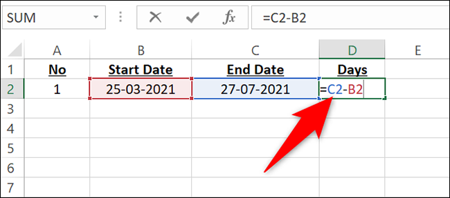 Insira a fórmula para encontrar o número de dias entre duas datas.