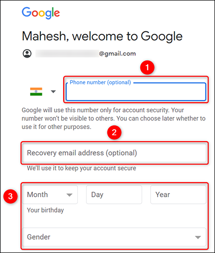 Insira informações pessoais para a nova conta do Gmail.