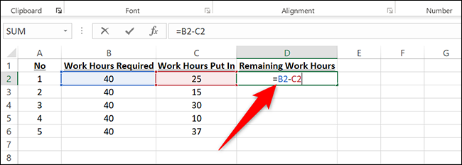 Insira a fórmula de subtração na célula D2 no Excel.