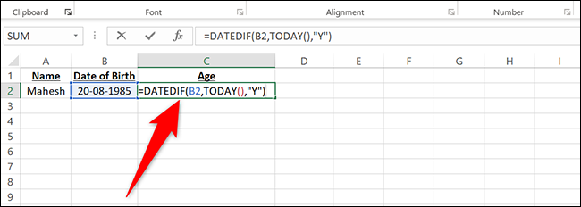 Digite = DATEDIF (B2, TODAY (), "Y") na célula C2 e pressione Enter no Excel.