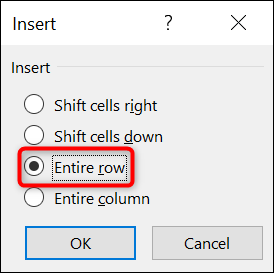 Habilite "Linha inteira" e clique em "OK" na caixa "Inserir" do Excel.