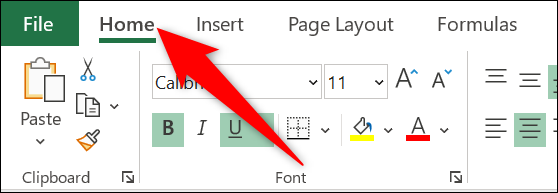 Clique na guia "Home" no Excel.