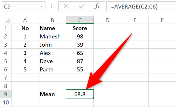 A média resultante na célula C9 do Excel.
