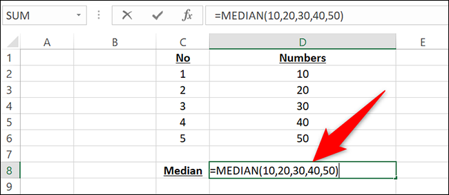 Entre na função MEDIAN com valores diretos.