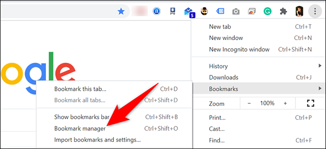Clique nos três pontos no canto superior direito e selecione Favoritos> Gerenciador de favoritos no Chrome.