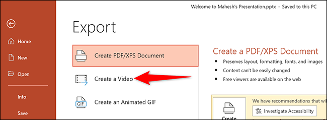 Clique em "Criar um vídeo" na página "Exportar" do PowerPoint.