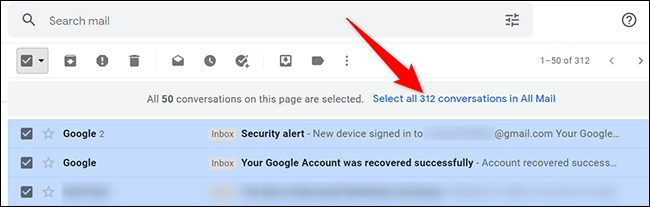 Selecione todos os e-mails em "Todos os e-mails" no Gmail.