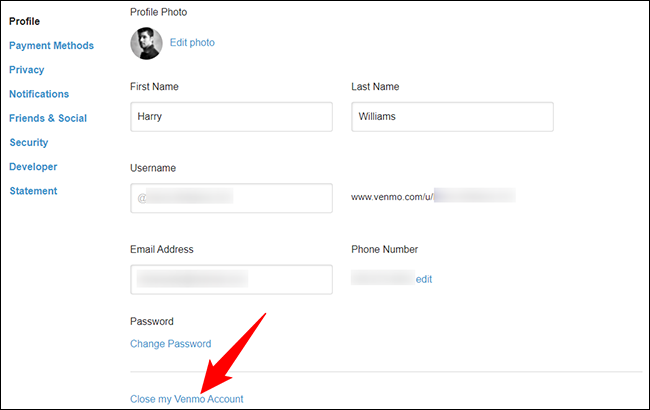 Selecione "Fechar minha conta Venmo" na parte inferior da página "Perfil".