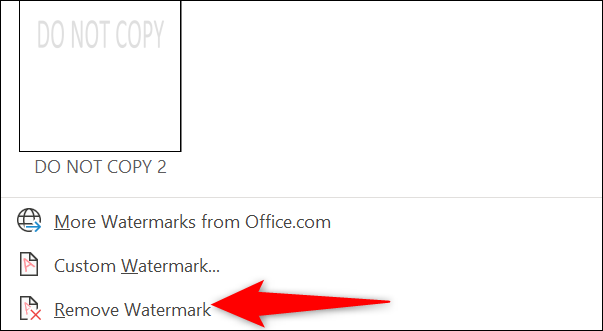 Selecione "Remover marca d'água" no menu "Marca d'água".