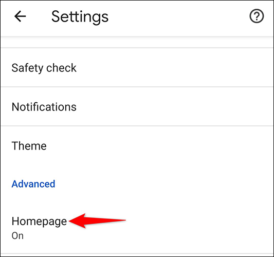 Toque em "Página inicial" na página "Configurações" do Chrome.