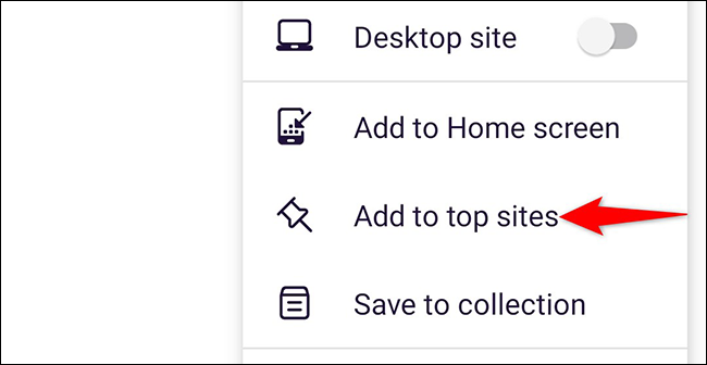 Toque em "Adicionar aos principais sites" no menu do Firefox.
