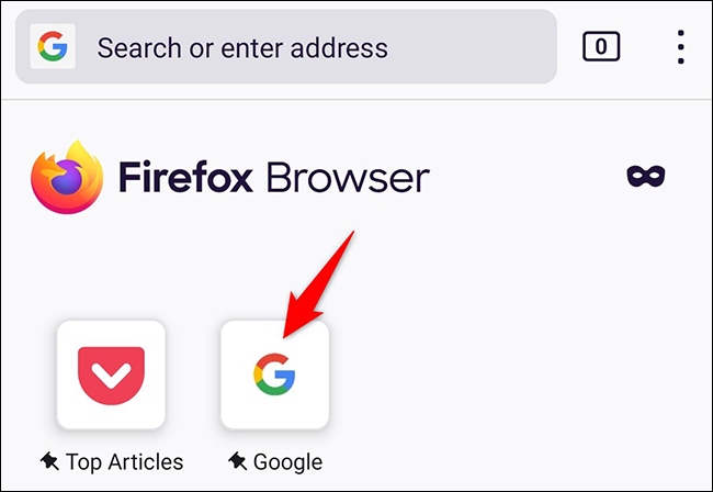 Google na lista dos principais sites do Firefox.