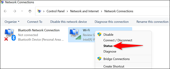 Clique com o botão direito no adaptador Wi-Fi e selecione “Status”.