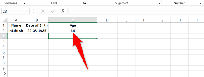 Idade em anos no Excel.