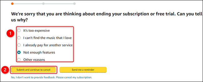 Selecione um motivo e clique em "Enviar e continuar para cancelar".